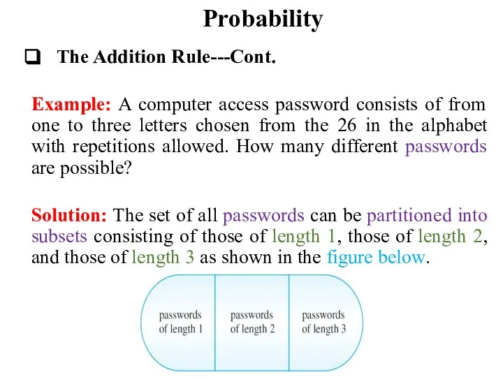 Probability The Addition Rule---Cont. Example: A computer access password consists of