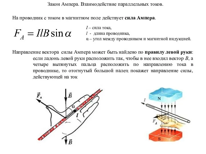 Закон Ампера. Взаимодействие параллельных токов. На проводник с током в магнитном