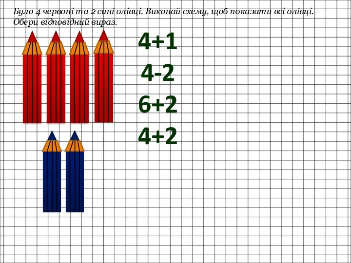 Було 4 червоні та 2 сині олівці. Виконай схему, щоб показати