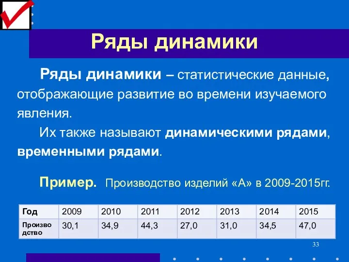 Ряды динамики Ряды динамики – статистические данные, отображающие развитие во времени