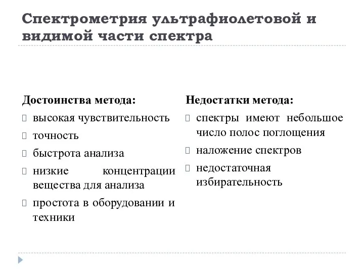 Спектрометрия ультрафиолетовой и видимой части спектра Достоинства метода: высокая чувствительность точность