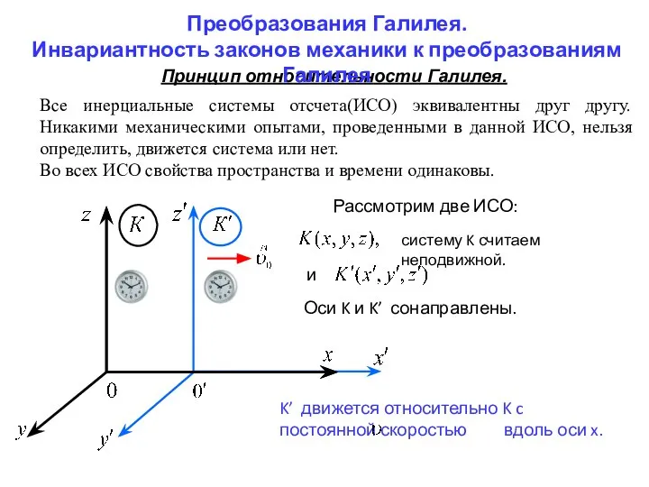 Принцип относительности Галилея. Все инерциальные системы отсчета(ИСО) эквивалентны друг другу. Никакими