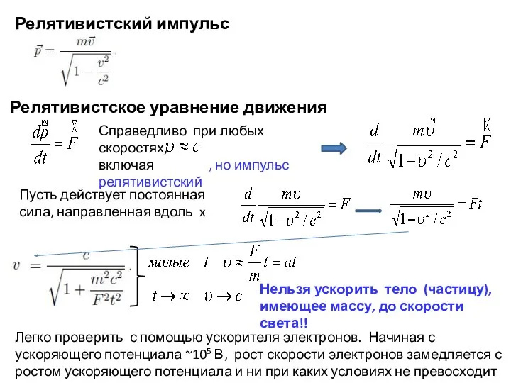 Релятивистское уравнение движения Релятивистский импульс Пусть действует постоянная сила, направленная вдоль