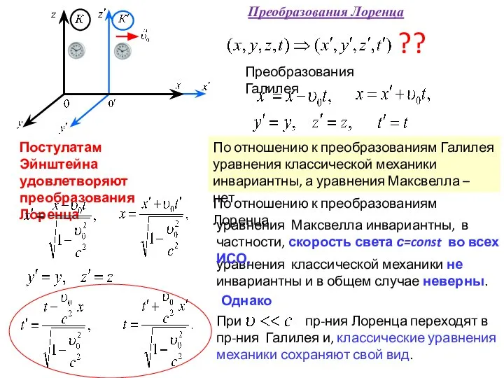 Преобразования Лоренца Преобразования Галилея ?? Постулатам Эйнштейна удовлетворяют преобразования Лоренца По