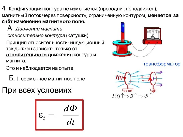 4. Конфигурация контура не изменяется (проводник неподвижен), магнитный поток через поверхность,