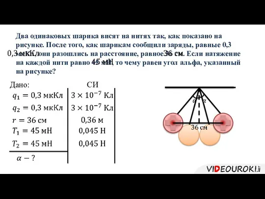 Два одинаковых шарика висят на нитях так, как показано на рисунке.