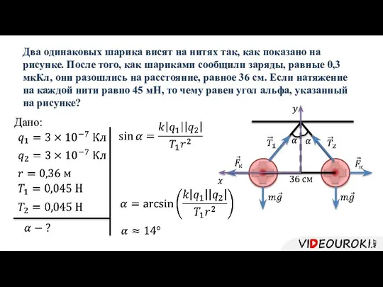 Два одинаковых шарика висят на нитях так, как показано на рисунке.