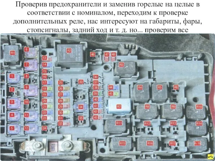 Проверив предохранители и заменив горелые на целые в соответствии с номиналом,