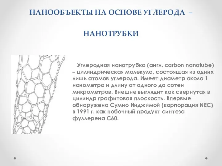 НАНООБЪЕКТЫ НА ОСНОВЕ УГЛЕРОДА – НАНОТРУБКИ Углеродная нанотрубка (англ. сarbon nanotube)