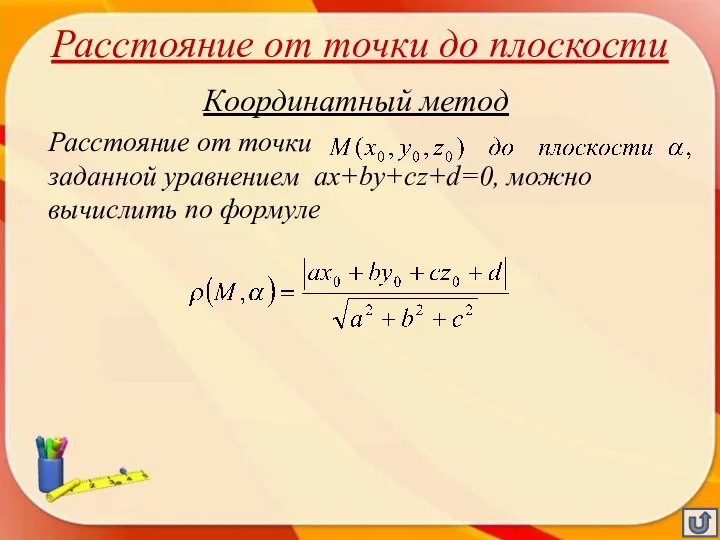 Расстояние от точки до плоскости Координатный метод Расстояние от точки заданной