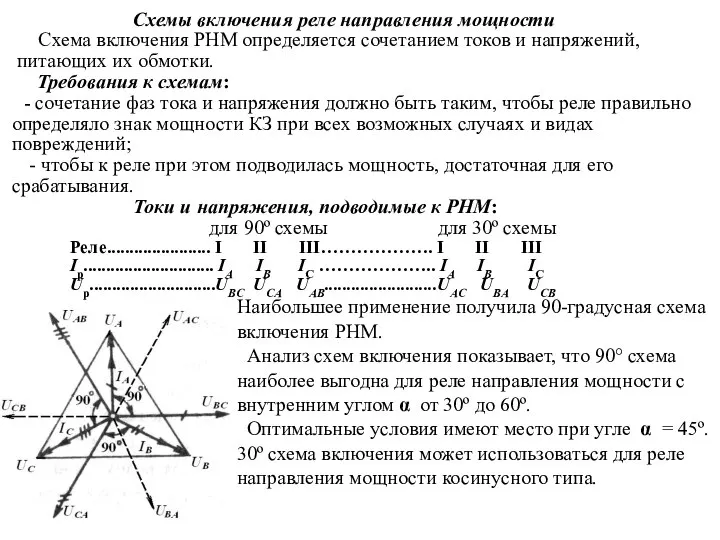 Схемы включения реле направления мощности Схема включения РНМ определяется сочетанием токов