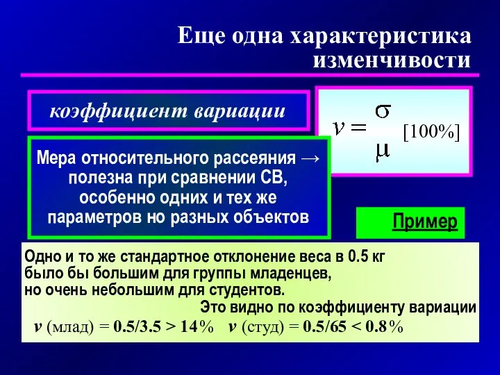 Еще одна характеристика изменчивости коэффициент вариации Мера относительного рассеяния → полезна