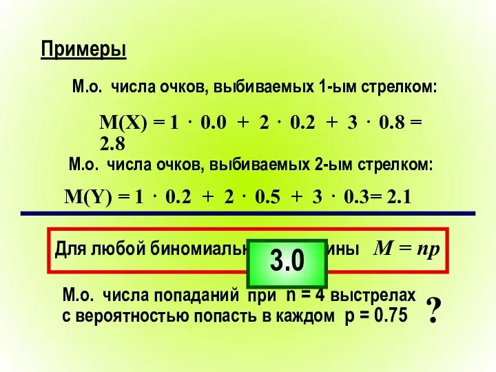Примеры М.о. числа очков, выбиваемых 1-ым стрелком: М(X) = 1 ⋅
