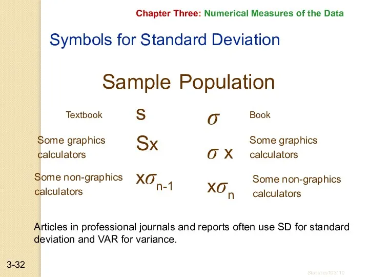 Symbols for Standard Deviation Sample Population σ σ x xσn Book