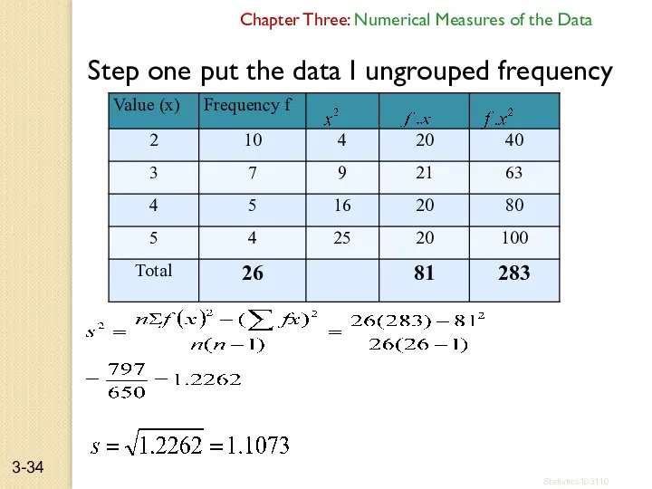 Step one put the data I ungrouped frequency table Chapter Three: