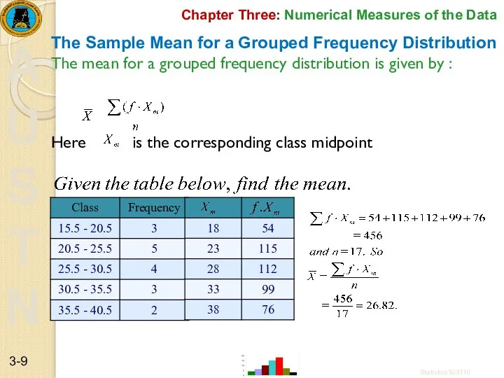 Chapter Three: Numerical Measures of the Data The Sample Mean for
