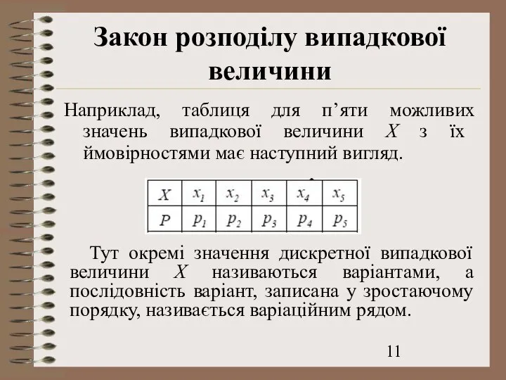 Закон розподілу випадкової величини Наприклад, таблиця для п’яти можливих значень випадкової