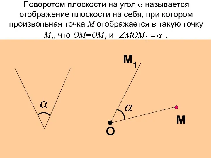 Поворотом плоскости на угол называется отображение плоскости на себя, при котором