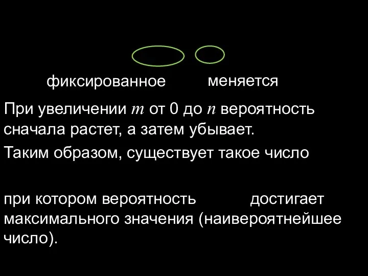 фиксированное меняется При увеличении m от 0 до n вероятность сначала