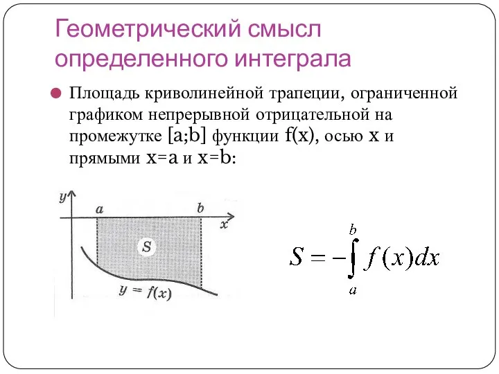 Геометрический смысл определенного интеграла Площадь криволинейной трапеции, ограниченной графиком непрерывной отрицательной