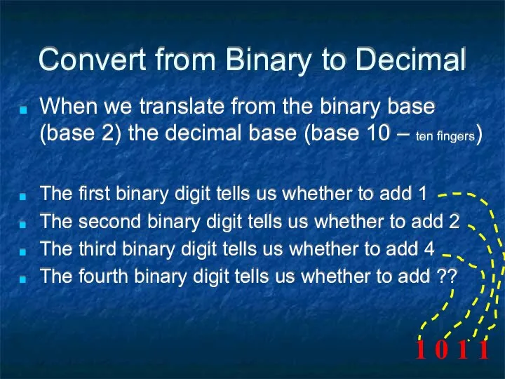 Convert from Binary to Decimal When we translate from the binary
