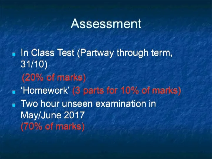 Assessment In Class Test (Partway through term, 31/10) (20% of marks)
