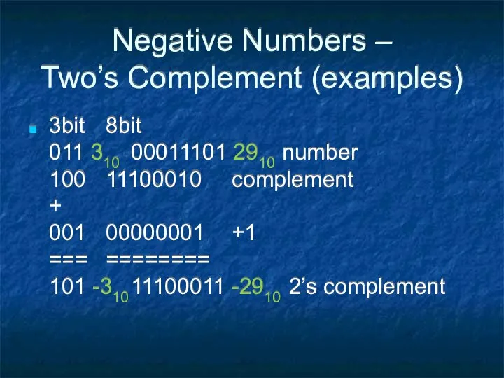 Negative Numbers – Two’s Complement (examples) 3bit 8bit 011 310 00011101