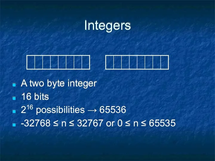 Integers A two byte integer 16 bits 216 possibilities → 65536