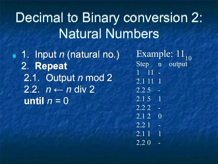 Decimal to Binary conversion 2: Natural Numbers 1. Input n (natural