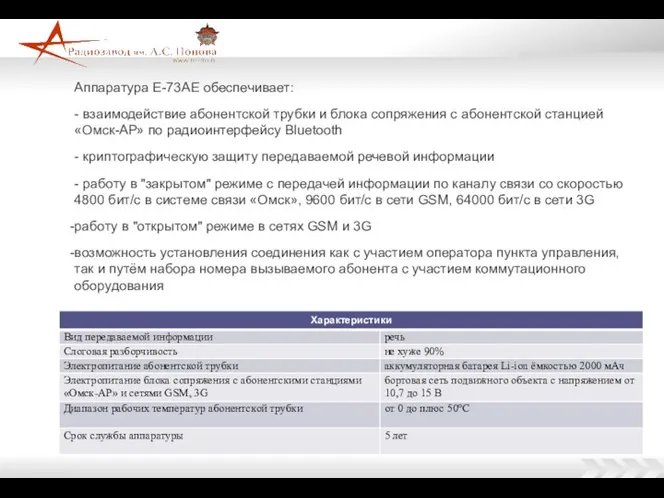 Аппаратура Е-73АЕ обеспечивает: - взаимодействие абонентской трубки и блока сопряжения с