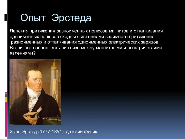 Опыт Эрстеда Ханс Эрстед (1777-1851), датский физик Явления притяжения разноименных полюсов