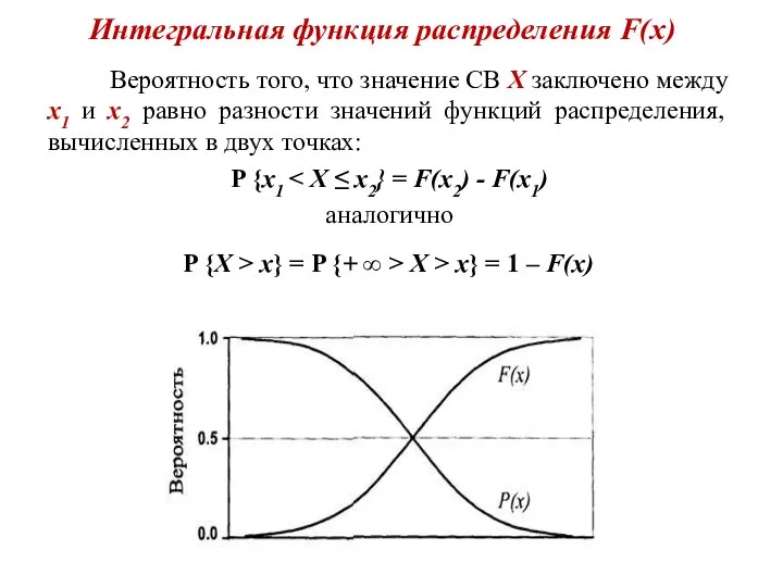 Интегральная функция распределения F(x) Вероятность того, что значение СВ Х заключено