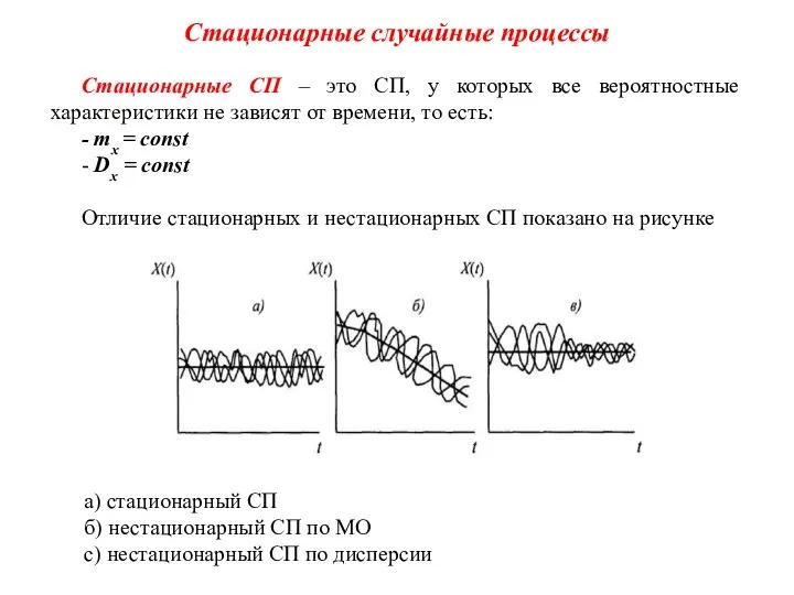 Стационарные случайные процессы Стационарные СП – это СП, у которых все