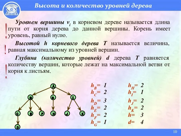 Высота и количество уровней дерева Уровнем вершины vi в корневом дереве