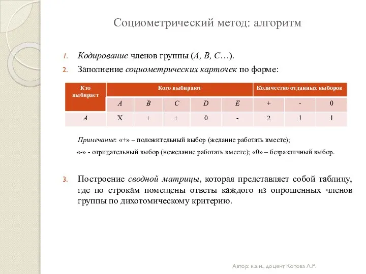 Социометрический метод: алгоритм Кодирование членов группы (A, B, C…). Заполнение социометрических