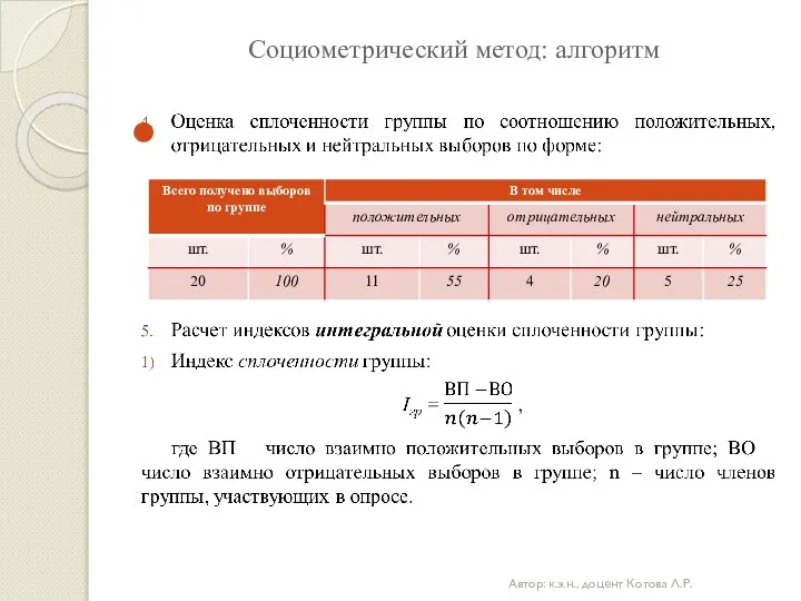 Социометрический метод: алгоритм Автор: к.э.н., доцент Котова Л.Р.