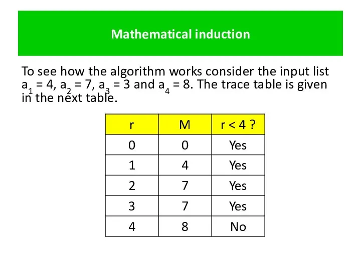 Mathematical induction To see how the algorithm works consider the input