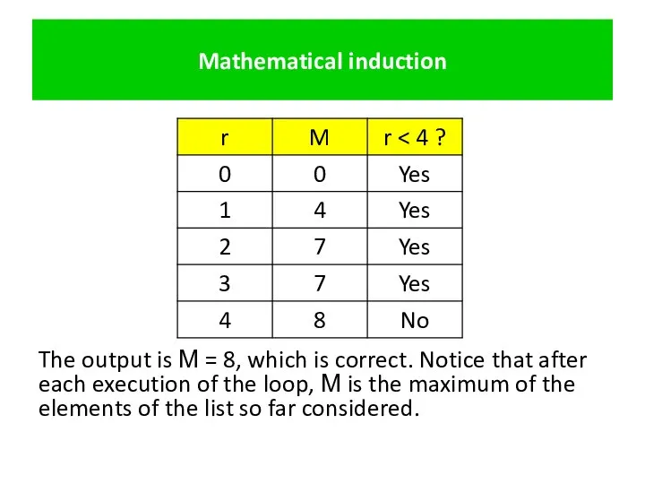 Mathematical induction The output is М = 8, which is correct.