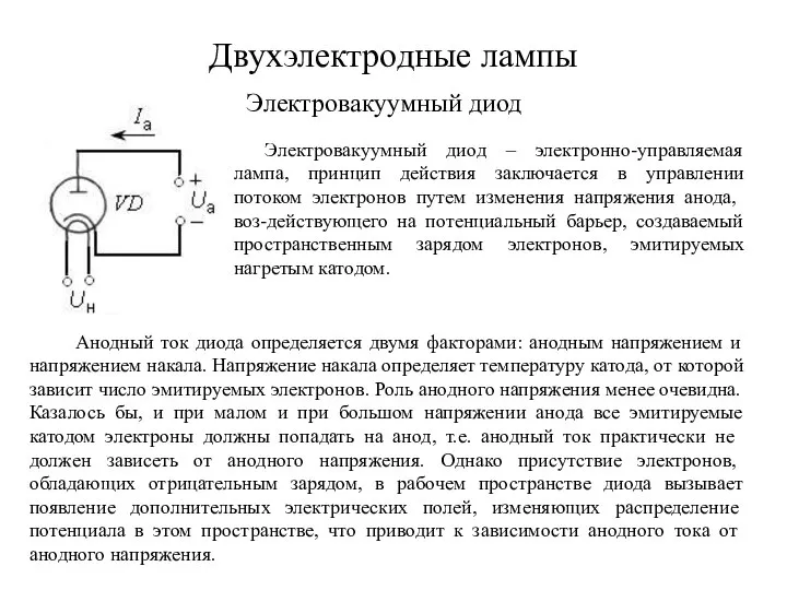 Двухэлектродные лампы Электровакуумный диод Электровакуумный диод – электронно-управляемая лампа, принцип действия