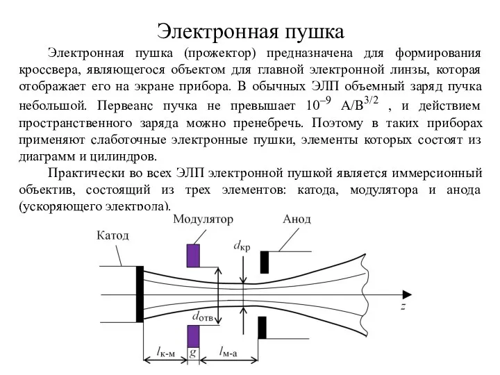 Электронная пушка Электронная пушка (прожектор) предназначена для формирования кроссвера, являющегося объектом