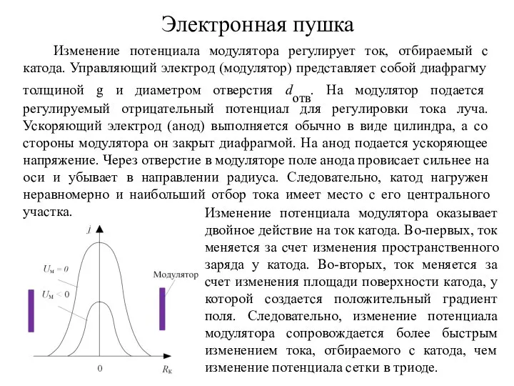 Электронная пушка Изменение потенциала модулятора регулирует ток, отбираемый с катода. Управляющий