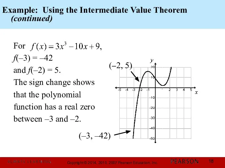 Example: Using the Intermediate Value Theorem (continued) For f(–3) = –42