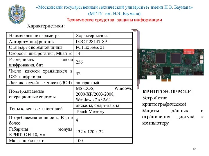 КРИПТОН-10/PCI-E Устройство криптографической защиты данных и ограничения доступа к компьютеру Характеристики: