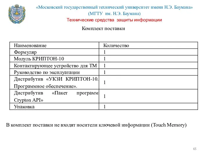 Комплект поставки В комплект поставки не входят носители ключевой информации (Touch Memory)