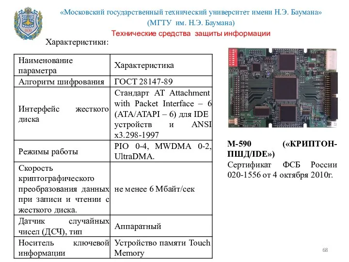 М-590 («КРИПТОН-ПШД/IDE») Сертификат ФСБ России 020-1556 от 4 октября 2010г. Характеристики: