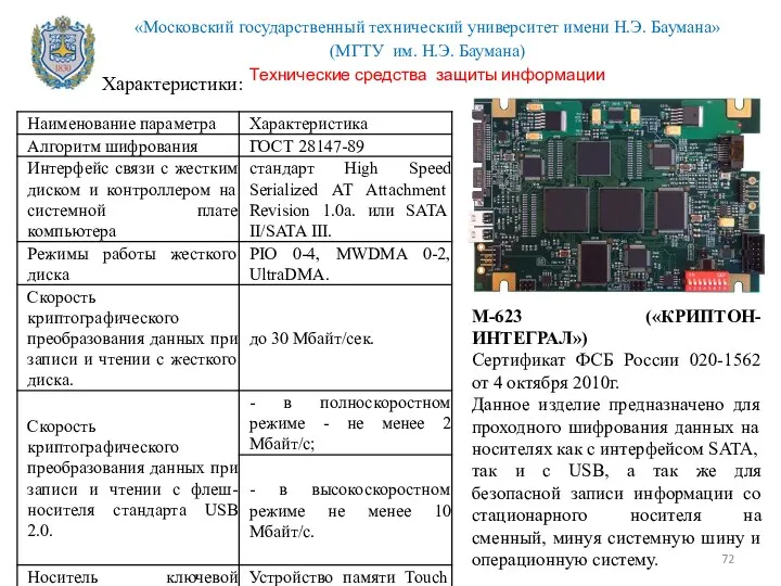 М-623 («КРИПТОН-ИНТЕГРАЛ») Сертификат ФСБ России 020-1562 от 4 октября 2010г. Данное