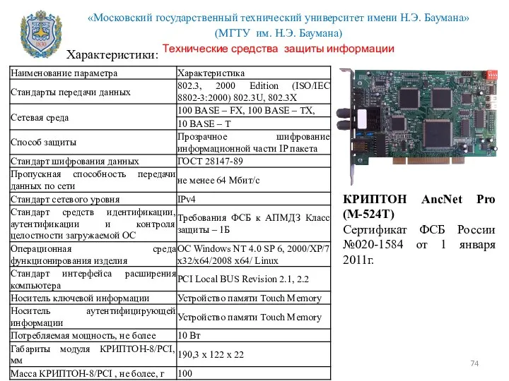 КРИПТОН AncNet Pro (М-524Т) Сертификат ФСБ России №020-1584 от 1 января 2011г. Характеристики: