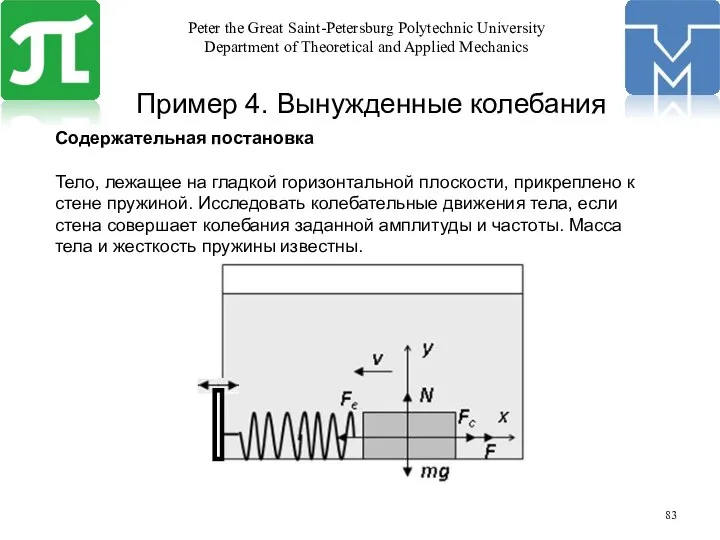 Пример 4. Вынужденные колебания Содержательная постановка Тело, лежащее на гладкой горизонтальной