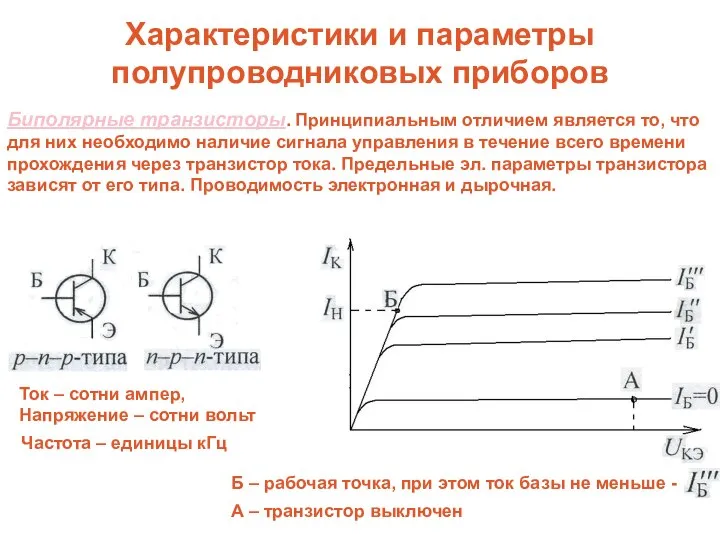 Характеристики и параметры полупроводниковых приборов Биполярные транзисторы. Принципиальным отличием является то,