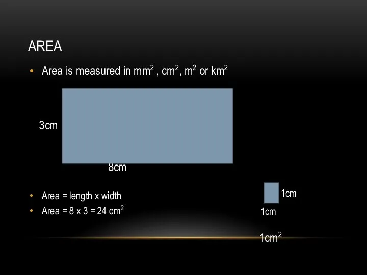 AREA Area is measured in mm2 , cm2, m2 or km2